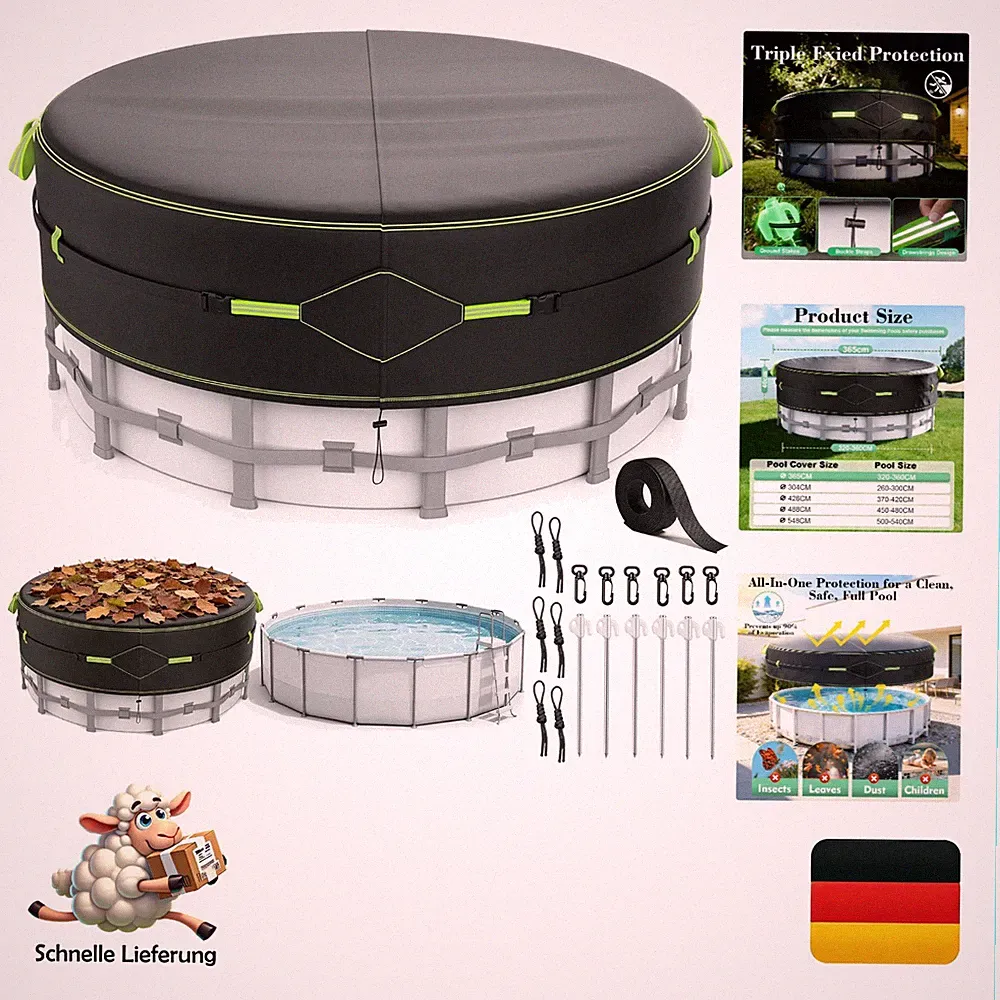 Romivo Poolabdeckung rund Ø 365cm, passgenau, UV-Schutz, wetterfest, Staubdic...