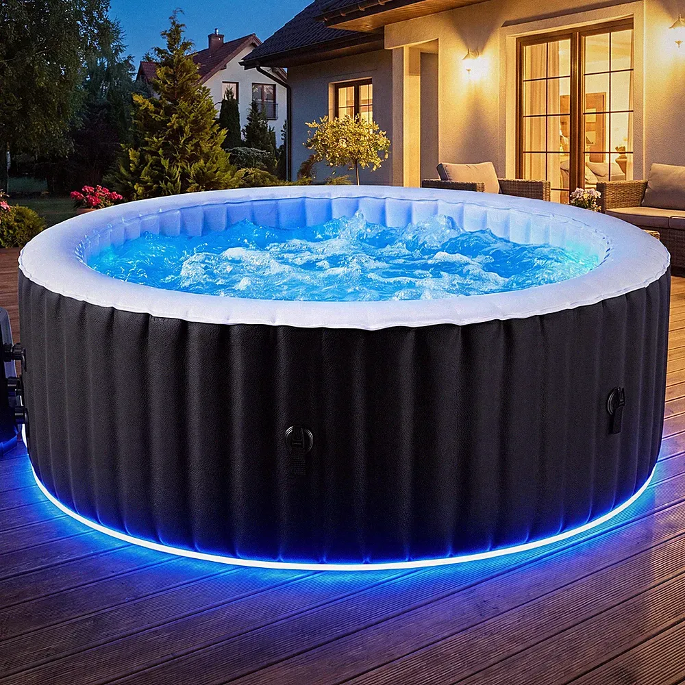 SLSY 1800W LED Whirlpool rund aufblasbar schwarz,Luftdüsen,inkl.Pumpe&Sockel