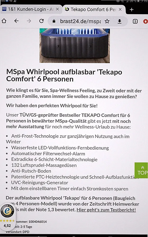 Whirlpool aufblasbar MSpa Tekapo 6 Personen In-Outdoor Pool 185x185cm 2.Wahl