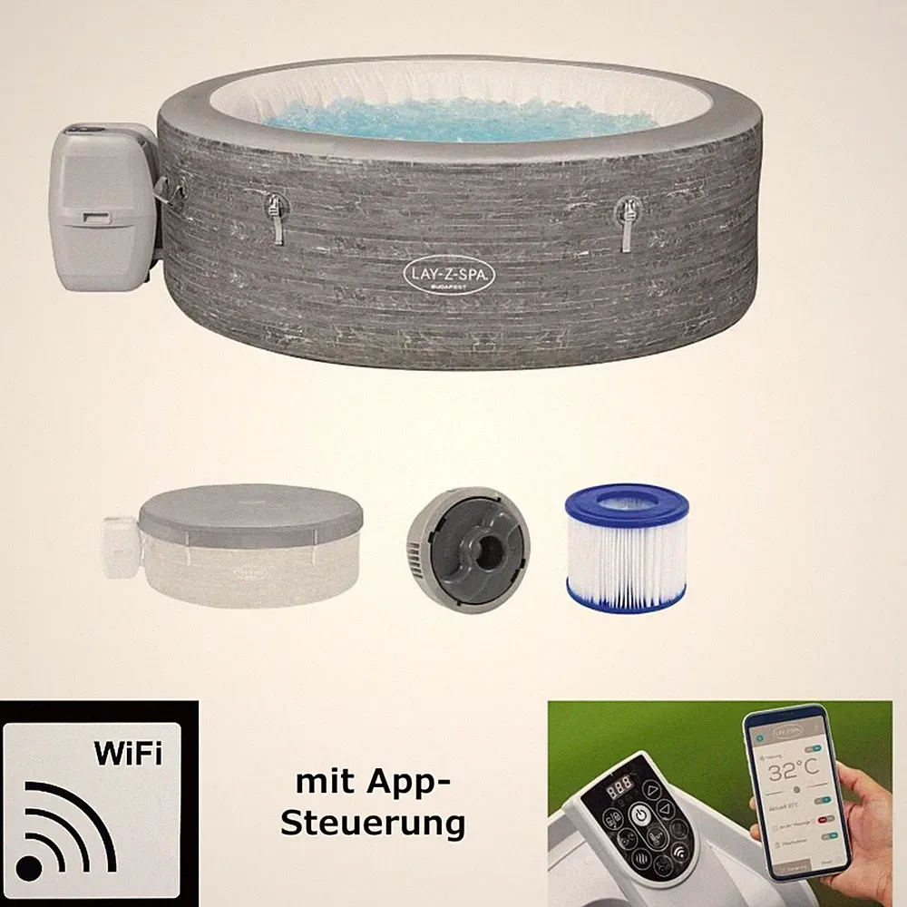 Whirlpool LAY-Z-SPA ECO WLAN AirJet rund 6 Pers Pool Aufblasbar Steinwand-Optik